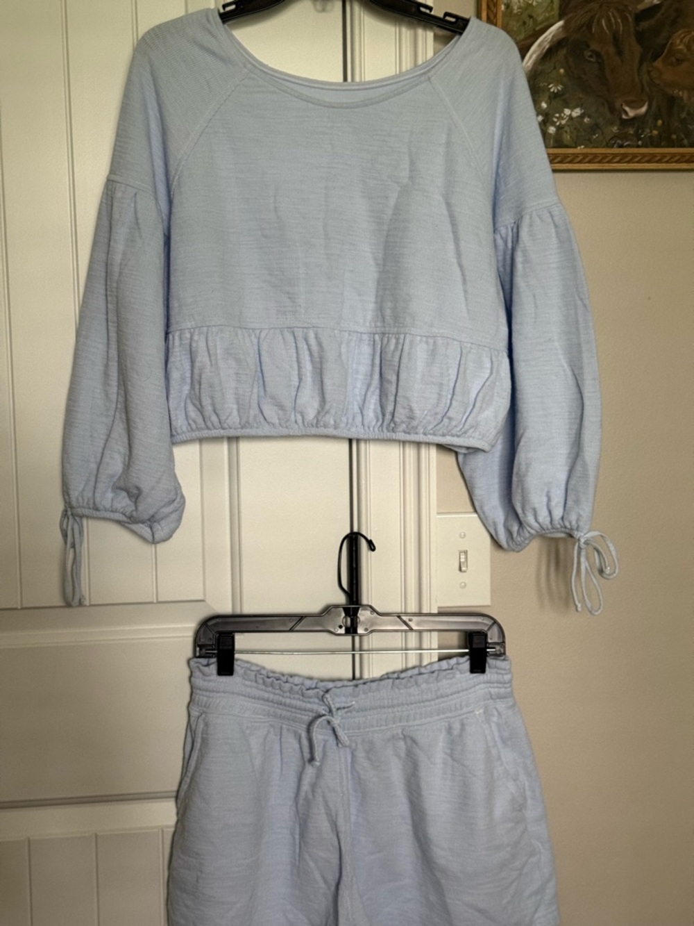 Aerie Light Blue Two-Piece Lounge Set - Cropped Pullover & Drawstring Shorts